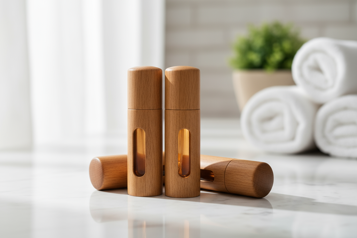 3 wooden fragrance roll on bottles with a small glass window to see the contents. very elegant. sitting on a bathroom counter